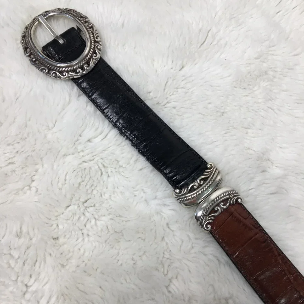 Brighton Womens Reversible Silver Black Brown Leather Belt size Medium